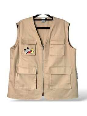 DISNEY x PRETTYLITTLETHING 100% Cotton Khaki Jacket / Vest Front Zip Cargo Sz 6